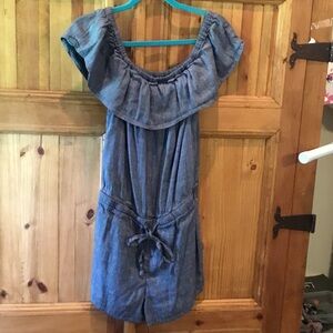 LOFT Blue Off-Shoulder Tie-Waist Romper